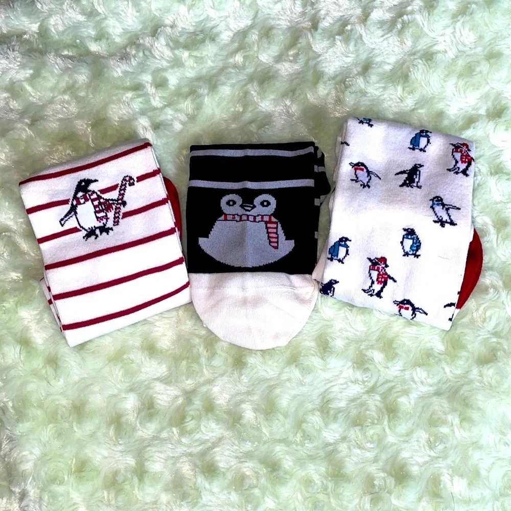 LANDS END Penguin Christmas Striped Socks 3 Pack Red Navy Blue - Host Pick 🎉